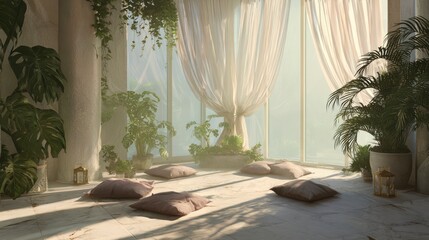 Serene Sunlit Sanctuary: Tranquil Indoor Garden with Cushions