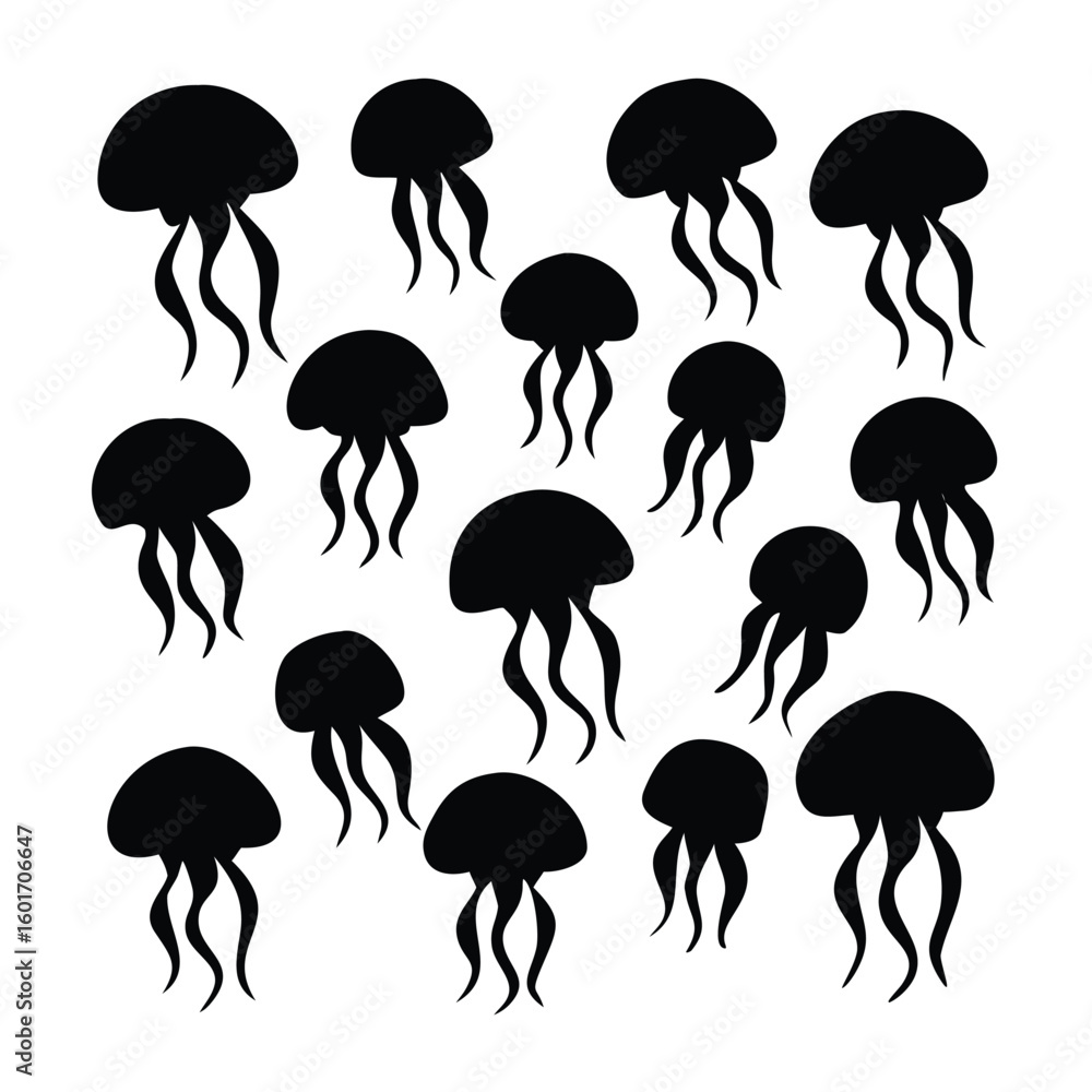 Poster silhouette array of jellyfish floating in open water creating a mesmerizing and elegant undersea pat