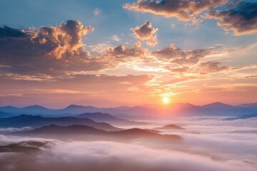Abstract sunrise with cloudy sky mountains and fog