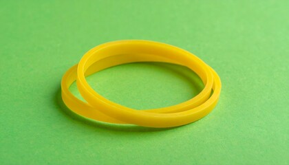 A bright yellow rubber band rests on a green surface, showcasing its simple design for various holding purposes.