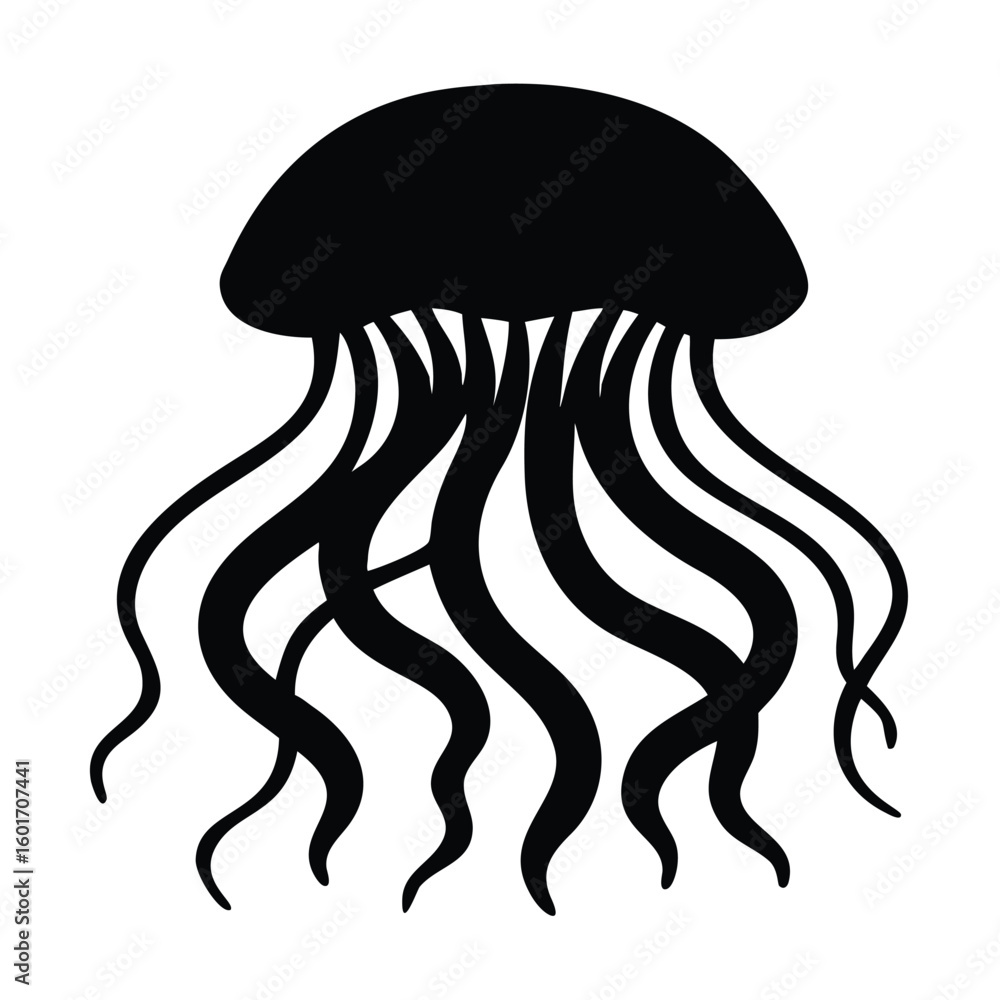 Poster stylized silhouette of a jellyfish with flowing tentacles creating an abstract and intriguing marine