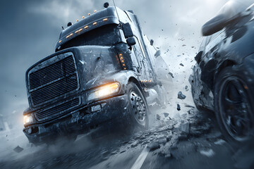 Dramatic collision between large semi truck and car on highway