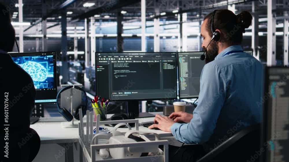 Poster data center admin using ai assistant to provide user technical support and solutions to users. serve