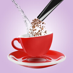 Instant coffee making. Combining granules from sachet and water in cup against violet background