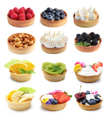 Sweet tartlets with different fillings isolated on white, set