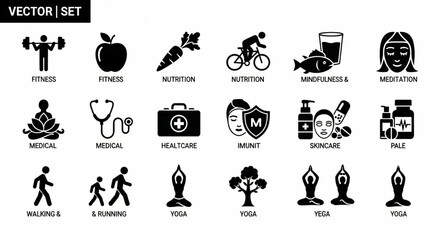Obraz premium Healthy Lifestyle and Wellness Icon Set – Vector Fitness, Nutrition, Mindfulness, Yoga, Meditation, Skincare, Immune Support, Supplements, Running