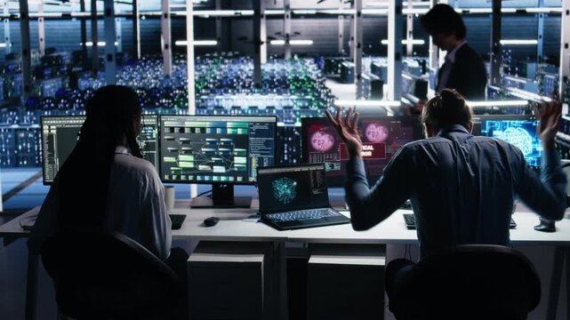 Irked data center programmer smashing desk, upset by malfunctioning gear while using AI tech. Mad server hub IT expert disgruntled by errors in glitching artificial intelligence software, camera A