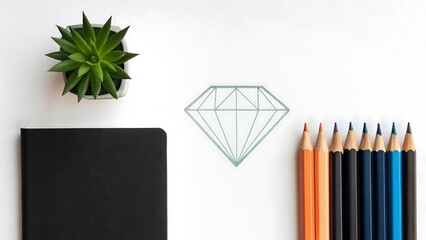 A minimalist flat lay featuring a black notebook a small potted succulent and colored pencils arranged on a white background