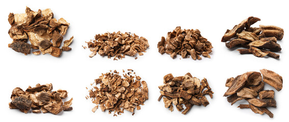 Chicory. Dry pieces of root isolated on white, set. Top and side view