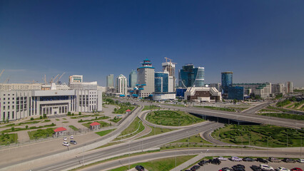 Top view over the city center and central business district timelapse, Kazakhstan, Astana