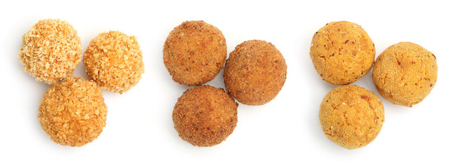 Different fried croquette balls isolated on white, set. Top view