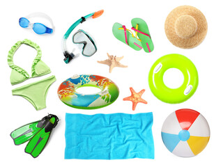 Collection of different beach accessories isolated on white
