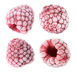 Many frozen raspberries isolated on white, set