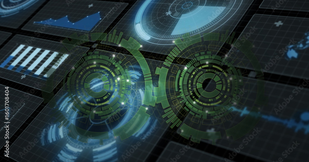 Poster Displaying green HUD elements floating on dark grid, with bar charts, line graphs and radar display
