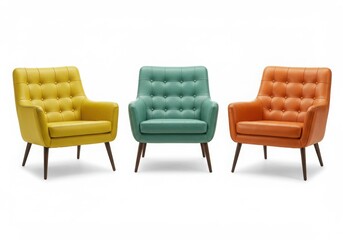 Three colorful armchairs isolated on white background
