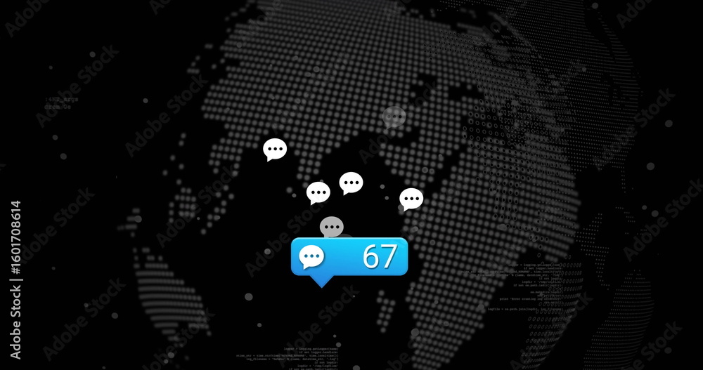 Poster blue chat notification bubble showing 67 floating over dotted earth in data ui, with chat icons