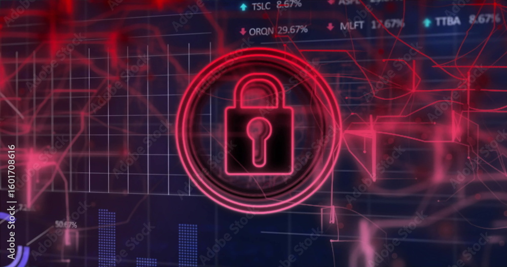 Poster glowing neon red padlock icon hovering at dashboard, showing network nodes, bar charts, percentages