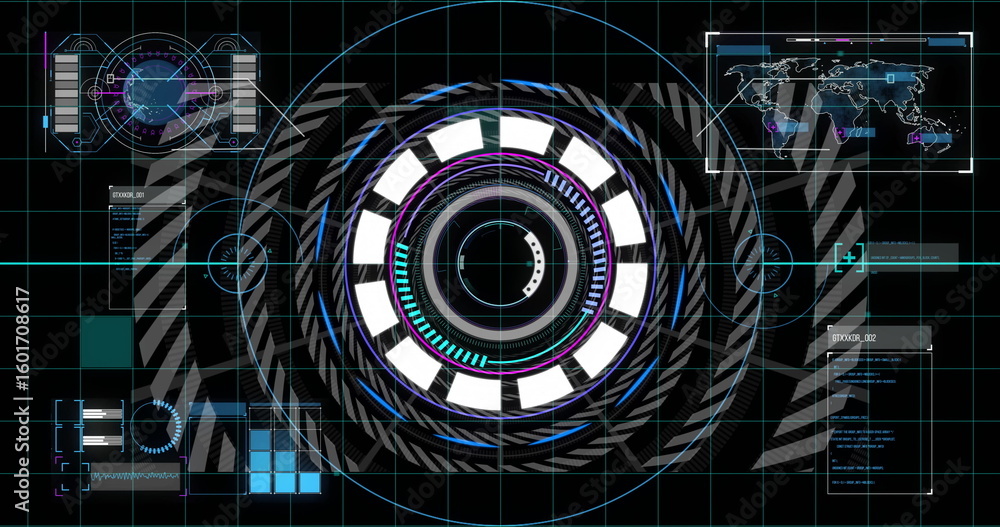 Poster Displaying central circular reticle scanning HUD environment with grid, world map and data overlays