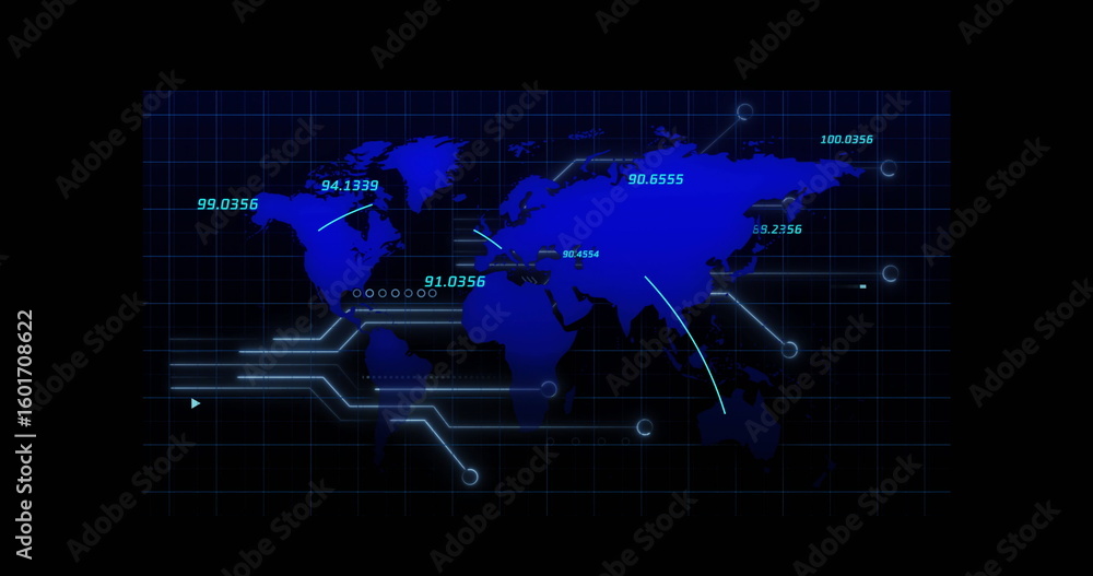 Poster displaying world map infographic on navy grid with curved lines, data nodes, numerical labels