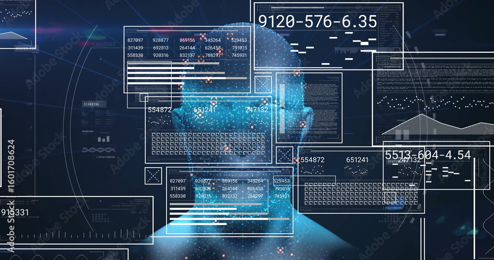 Fototapete Displaying blue wireframe head scanning digital interface, with floating UI panels and charts
