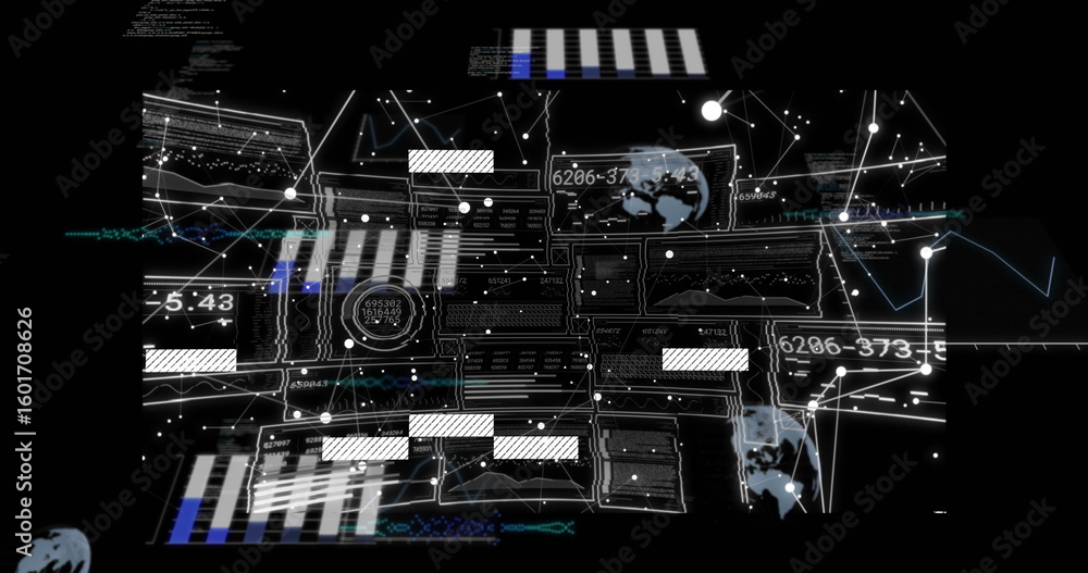 Poster displaying data interface floating on virtual dashboard, with panels and line charts, copy space