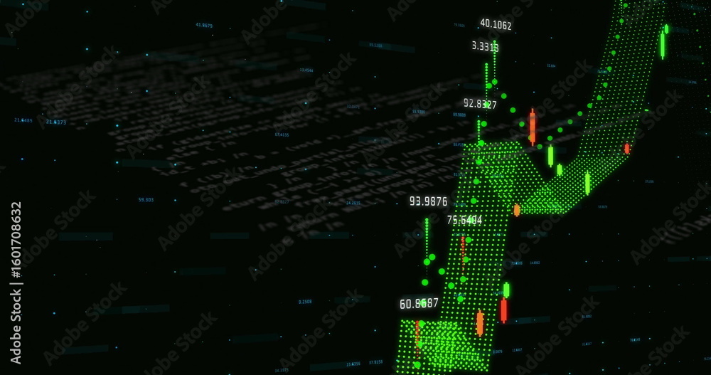 Poster showing 3d green arrow rising on trading dashboard with candlestick bars, floating code, copy space
