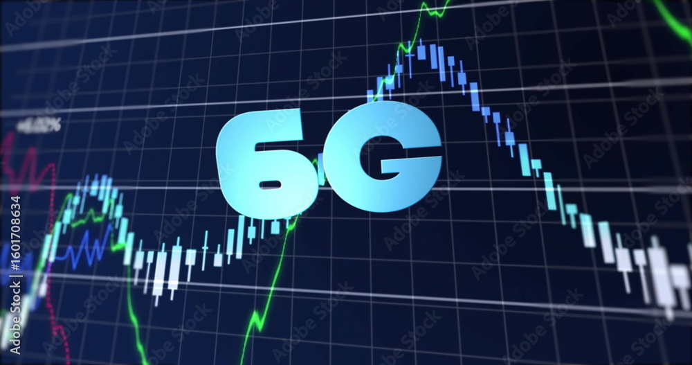 Aufkleber displaying centered pale blue 6g label over chart interface, with candlestick bars and line graphs