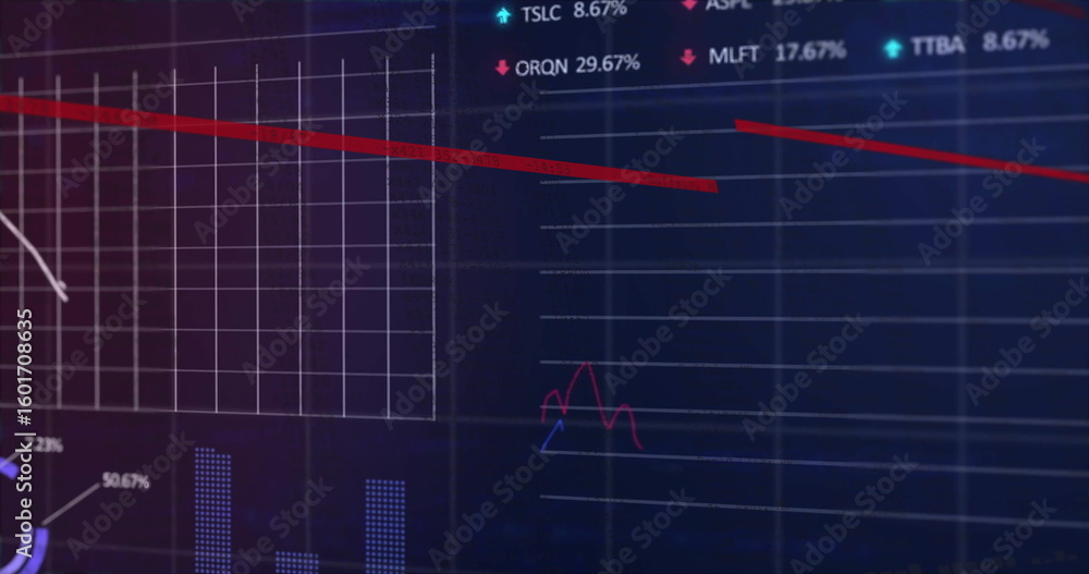 Aufkleber displaying downward trending red line graph over white grid in trading dashboard, with legend codes
