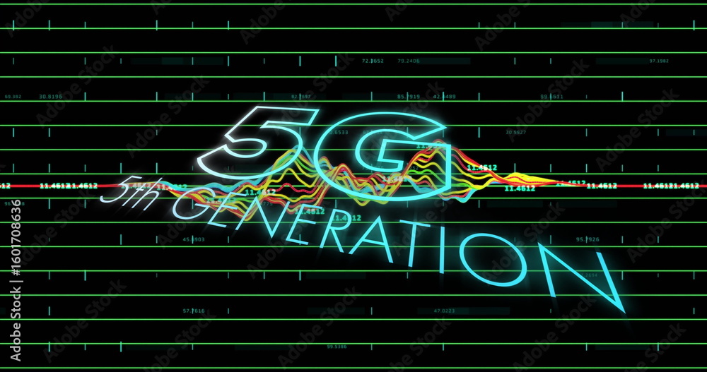 Poster displaying glowing neon 5g generation text in digital space, with green grid lines and waveform