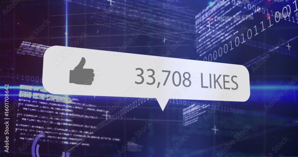 Poster floating speech bubble ui showing thumbs-up icon and 33,708 likes over dark digital code grid