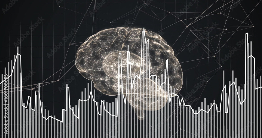 Aufkleber displaying 3d brain revealing neural pathways in dark grid interface, with bar chart and line graph