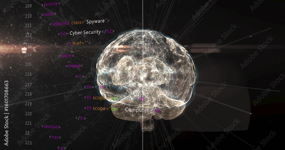Poster Floating brain hologram glowing across virtual security interface, with HTML code and light rays