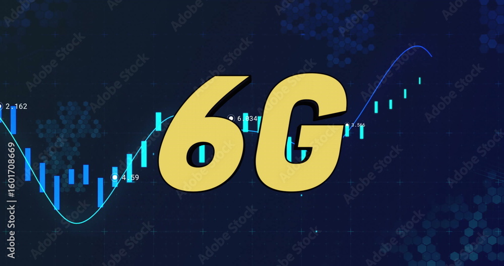 Poster showing golden-yellow 6g text on digital background with teal bars, trend line and numeric labels