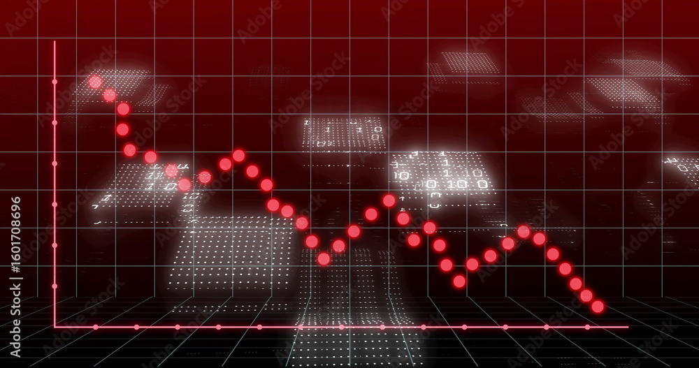 Poster Animating jagged red line graph weaving across virtual 3D data grid, with glowing data points