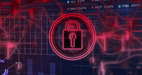 Glowing neon red padlock icon hovering at dashboard, showing network nodes, bar charts, percentages