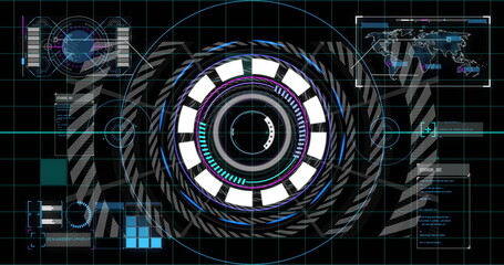 Displaying central circular reticle scanning HUD environment with grid, world map and data overlays