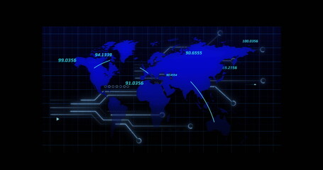 Displaying world map infographic on navy grid with curved lines, data nodes, numerical labels