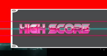 Floating neon-gradient HIGH SCORE text in retro digital design, on white panel with glitch lines
