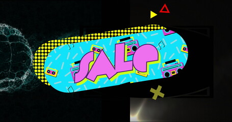 Displaying turquoise SALE oval in design with boombox, tapes, accents, music notes, halftone dots