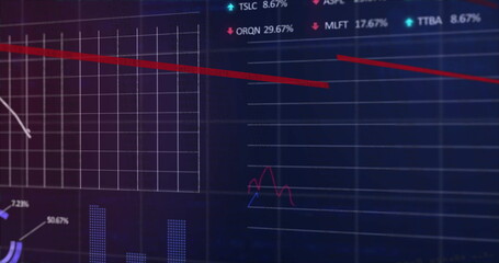 Displaying downward trending red line graph over white grid in trading dashboard, with legend codes