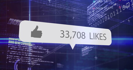 Floating speech bubble UI showing thumbs-up icon and 33,708 LIKES over dark digital code grid