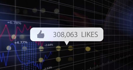Obraz premium Displaying speech bubble showing 308,063 likes on grid dashboard with charts and yellow data points