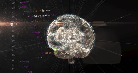 Floating brain hologram glowing across virtual security interface, with HTML code and light rays