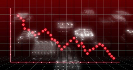 Animating jagged red line graph weaving across virtual 3D data grid, with glowing data points