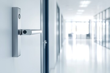 Modern door handle with fingerprint scanner in a bright office corridor for security access