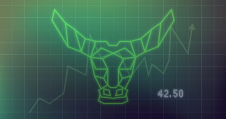 Displaying neon bull head on financial chart screen, with grid overlay, traces and 42
