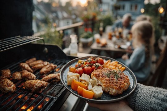Chef is holding a plate of barbecued chicken breast, vegetables, and potatoes, with more chicken grilling in the background and a family enjoying a meal on a patio - Powered by Adobe