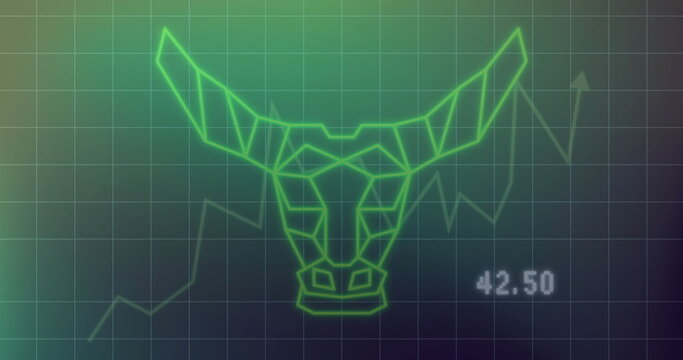 Displaying neon bull head on financial chart screen, with grid overlay, traces and 42