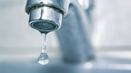 Closeup faucet dripping water waste with no one around concept. A close-up of a dripping faucet showcasing water conservation issues.