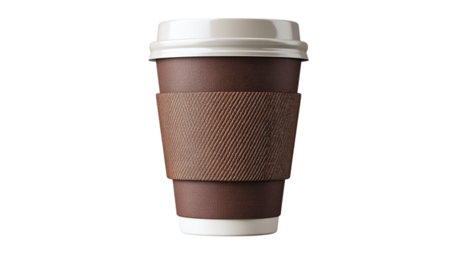 Coffee to-go cup in 3D with brown sleeve and realistic white plastic lid. isolated on transparent background  - Powered by Adobe